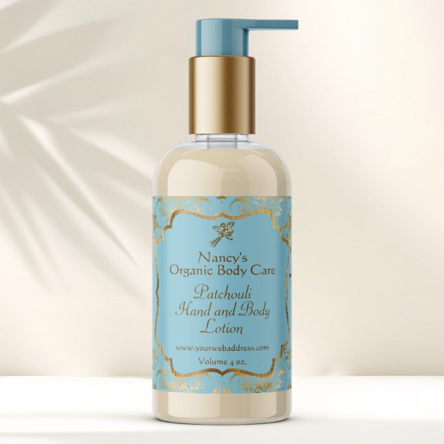 Baby Blue gold foil damask cosmetics bottle label (Creator Uploaded)