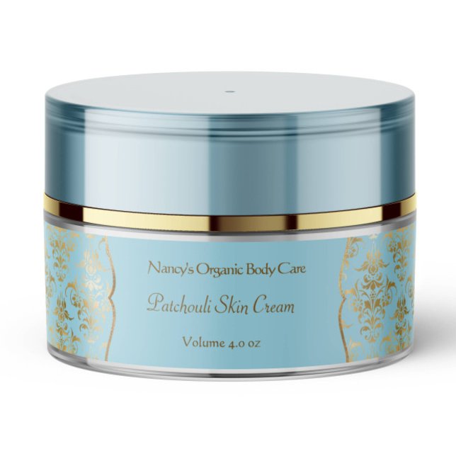 Baby blue & gold foil damask cosmetics jar label (Creator Uploaded)