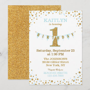 Baby Blue Gold Glitter Sparkle First Birthday Invitation