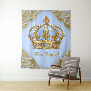 Baby Blue Gold Prince Baby Shower Backdrop Tapestry