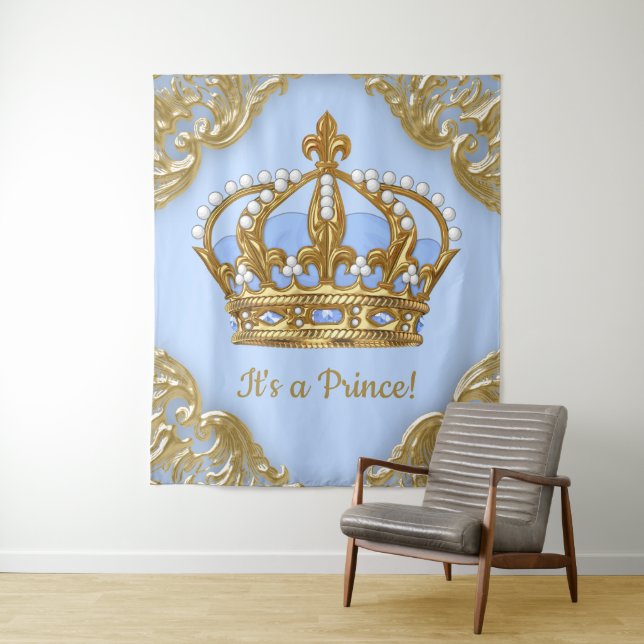 Baby Blue Gold Prince Baby Shower Backdrop Tapestry (In Situ)