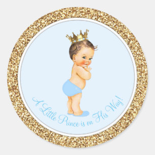 Baby Blue Gold Prince Baby Shower Classic Round Sticker