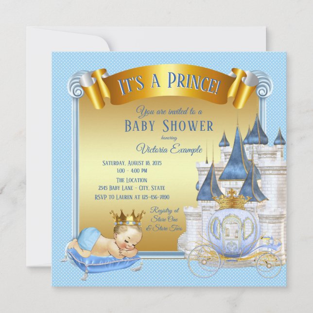 Baby Blue Gold Prince Baby Shower Invitations (Front)