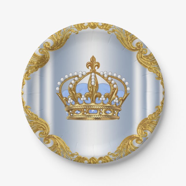 Baby Blue Gold Prince Baby Shower Paper Plates (Front)