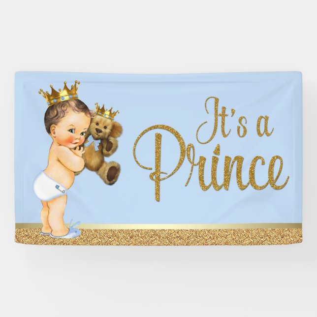Baby Blue Gold Prince Teddy Bear Baby Shower Banner (Horizontal)