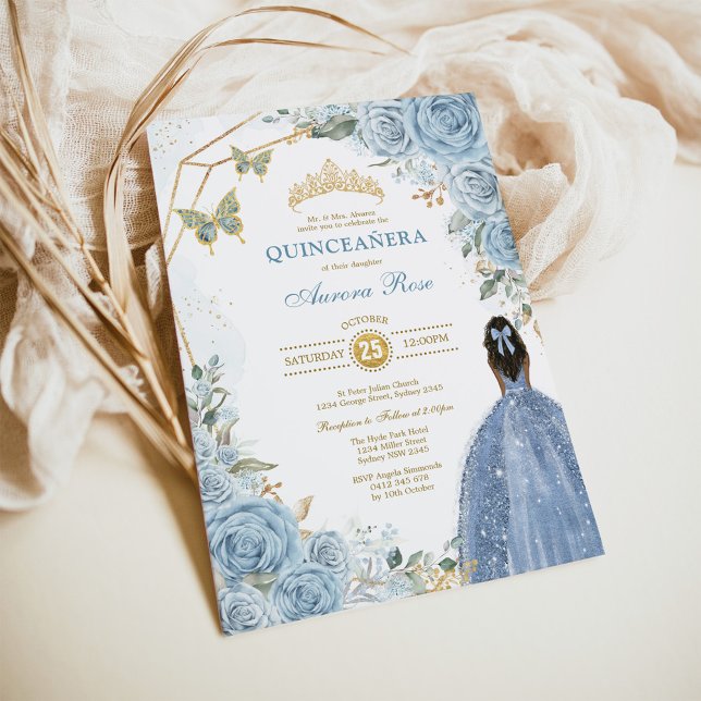 Baby Blue Gold Quinceañera Butterfly Princess Invitation (Creator Uploaded)