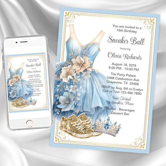 Baby Blue Gold Sneaker Ball Birthday Party  Invitation (Baby blue gold sneaker ball invitation. Instant download and printed invitations available.)
