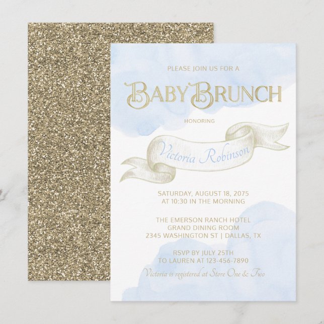 Baby Blue Gold Watercolor Boy Baby Shower Brunch Invitation (Front/Back)