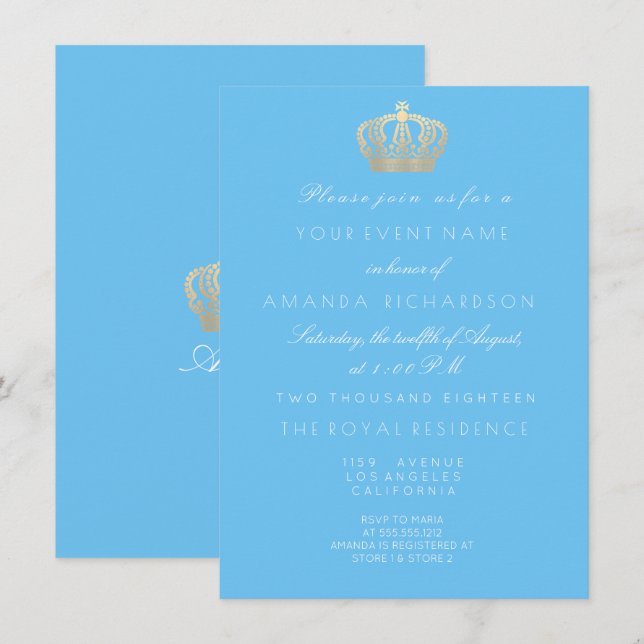Baby Blue Golden Crown Royal Pastel White Invitation (Front/Back)