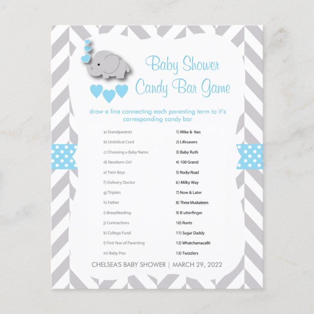 Baby Blue & Grey Elephant Baby Shower - Candy Bar Flyer (Front)