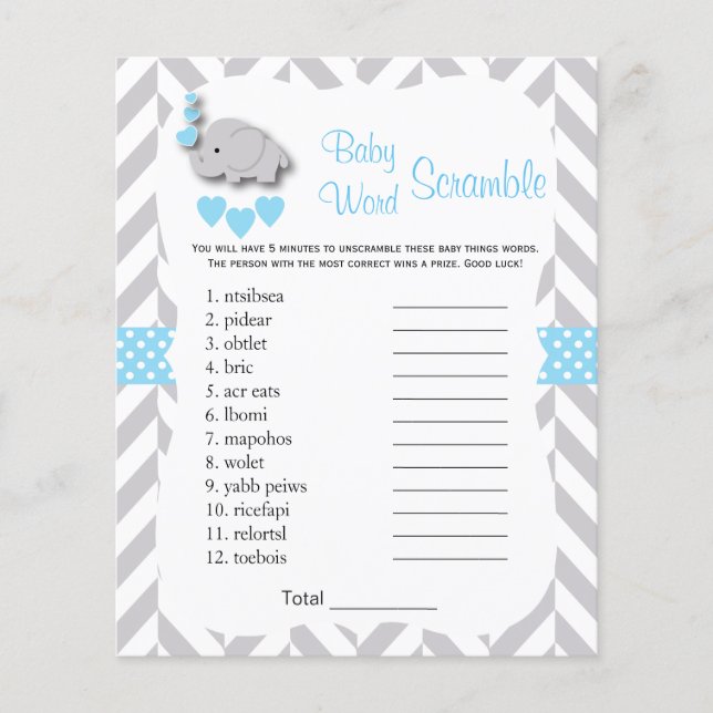 Baby Blue & Grey Elephant Baby Shower - Scramble Flyer (Front)