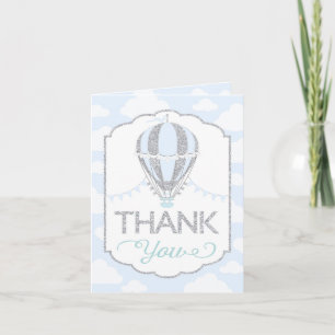 Baby Blue Hot Air Balloon Silver Glitter Thank You