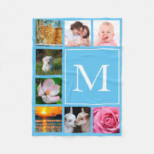 Baby Blue Instagram 8 Photo Collage Monogram Fleece Blanket