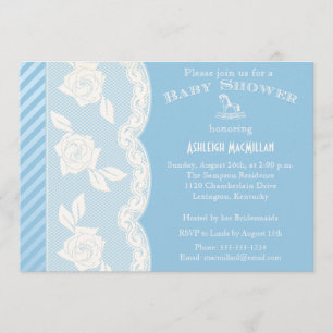 Baby Blue, Ivory Floral Lace Baby Shower Invite