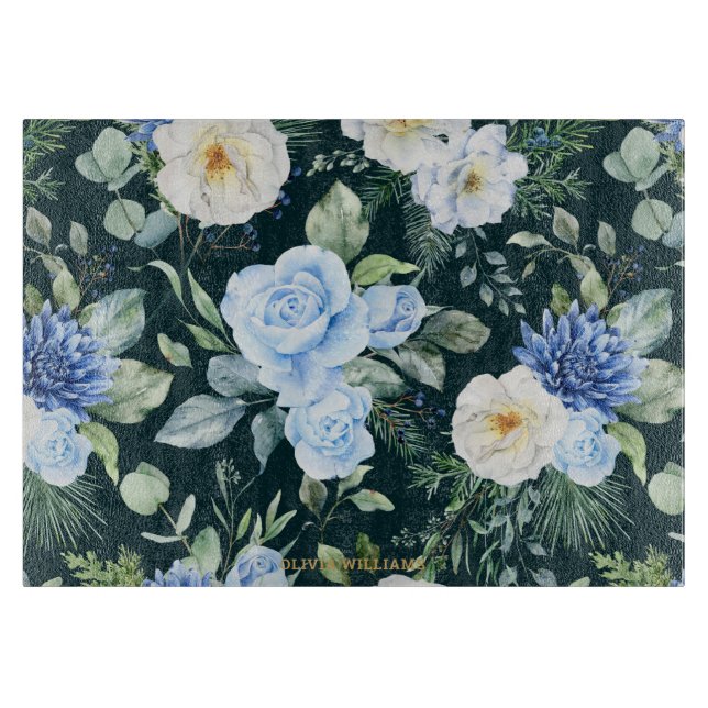 Baby Blue Ivory White Roses Floral Greenery Custom Cutting Board (Front)