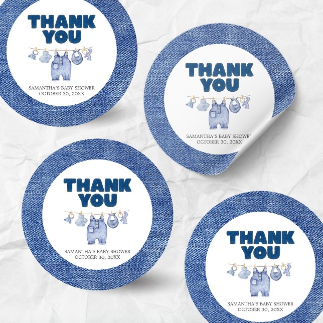 Baby Blue Jean Baby Shower  Classic Round Sticker (Blue Jean Denim Baby Shower Sticker)