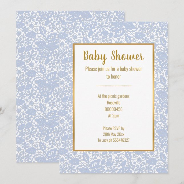 BABY BLUE LACE GOLD TRIM ELEGANT BABY SHOWER INVITATION (Front/Back)