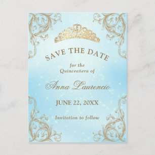 Baby Blue Light Gold Quinceanera Save The Date Postcard