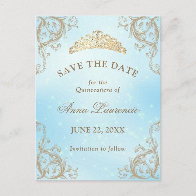 Baby Blue Light Gold Quinceanera Save The Date Postcard (Front)