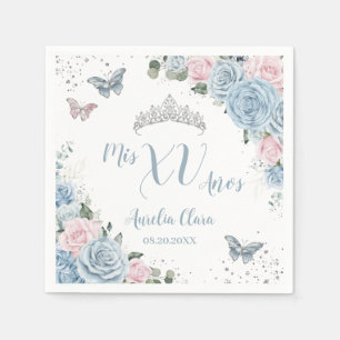 Baby Blue Light Pink Floral Butterfly Quinceañera Napkin