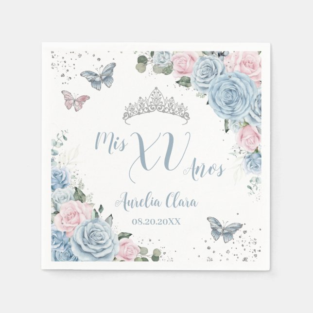 Baby Blue Light Pink Floral Butterfly Quinceañera Napkin (Front)