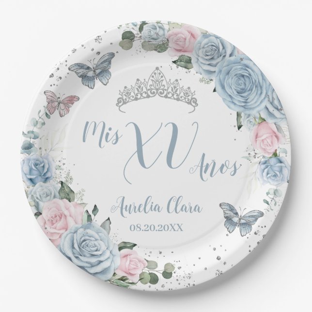 Baby Blue Light Pink Floral Butterfly Quinceañera Paper Plate (Front)