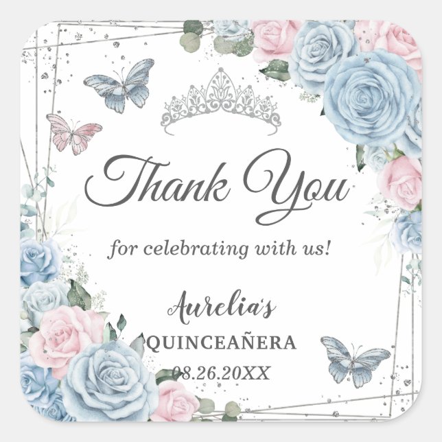Baby Blue Light Pink Floral Butterfly Quinceañera Square Sticker (Front)