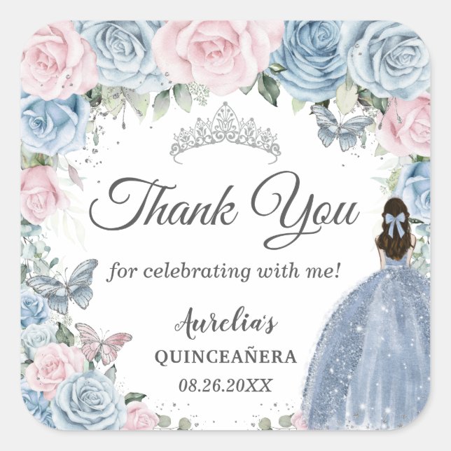 Baby Blue Light Pink Floral Princess Quinceañera Square Sticker (Front)