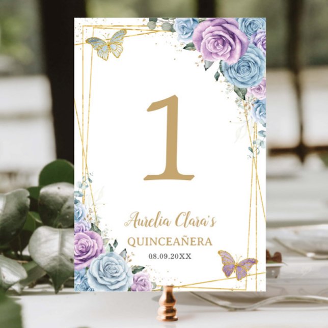 Baby Blue Lilac Floral Gold Quinceañera Sweet 16  Table Number (Creator Uploaded)