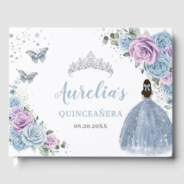 Baby Blue Lilac Floral Princess Silver Quinceañera Guest Book (Front)