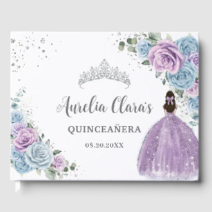 Baby Blue Lilac Floral Princess Silver Quinceañera Guest Book