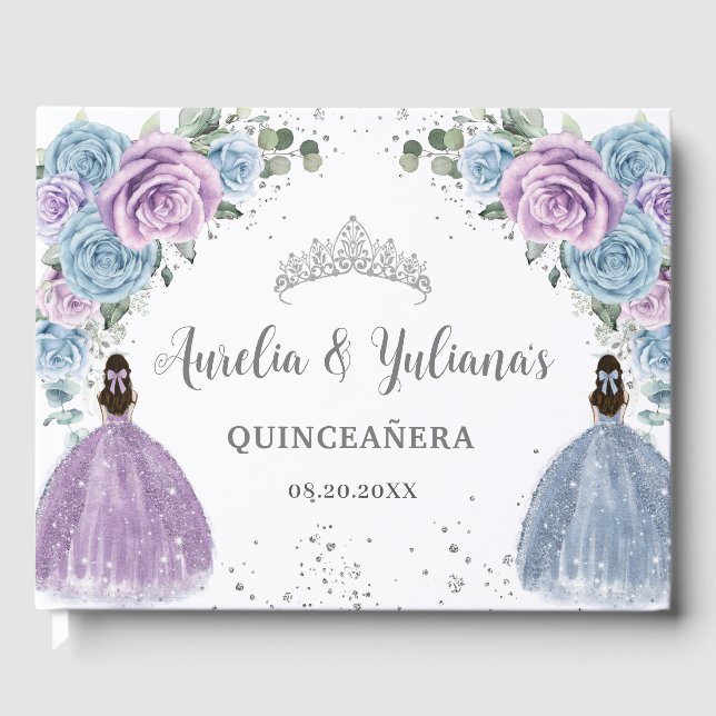 Baby Blue Lilac Floral Princesses Twin Quinceañera Guest Book (Front)
