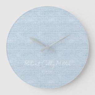 Baby blue Linen Fabric Full Name Date Nursery Large Clock