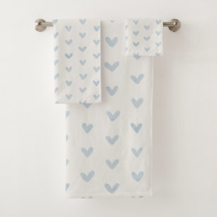 Baby Blue Love Hearts Pattern on Offwhite Bath Towel Set