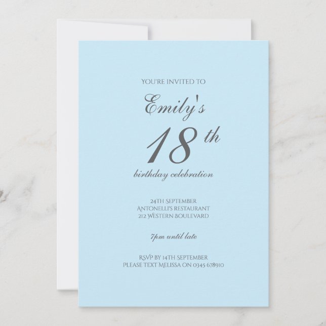 Baby Blue Minimalist 18th Birthday Invitation (Front)