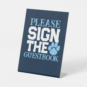 Baby Blue & Navy Paw Guestbook Graduation Table Pedestal Sign