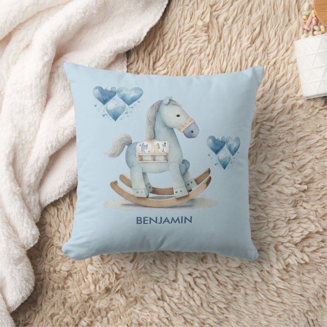 Baby Blue Nursery Rocking Horse Name  Cushion (Blanket)