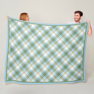 Baby Blue Olive Green Retro Tartan Plaid Pattern Fleece Blanket