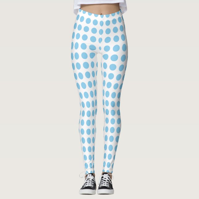 Baby Blue on White Medium Size Horiz. Polka Dots Leggings (Front)