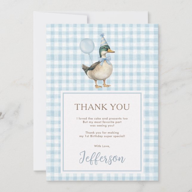 Baby Blue One Lucky Duck 1st Birthday Thank You Card (Front)