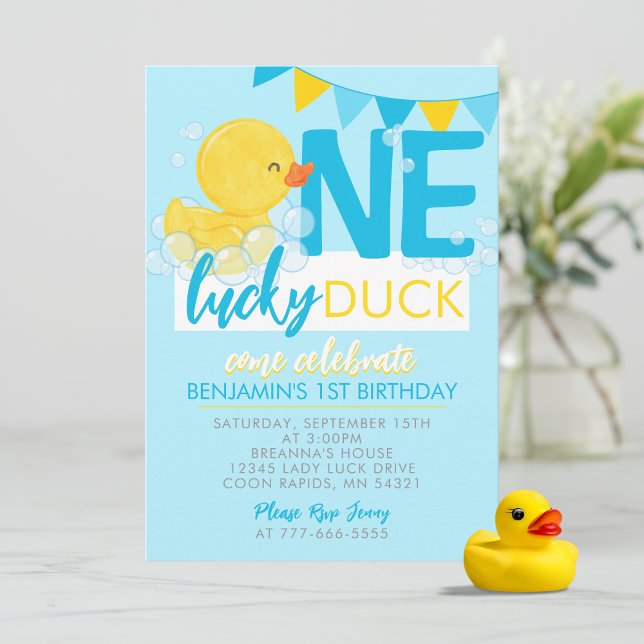 Baby Blue One Lucky Duck Watercolor 1st Birthday Invitation (Baby Blue One Lucky Duck Watercolor 1st Birthday Invitations. Available printed or digital download)