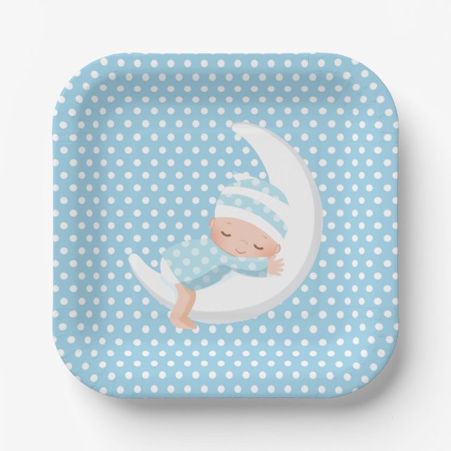 Baby Blue Over The moon Paper Plate (Front)
