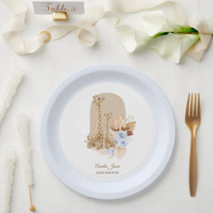 Baby Blue Pampas Grass Giraffe Baby Shower  Paper Plate