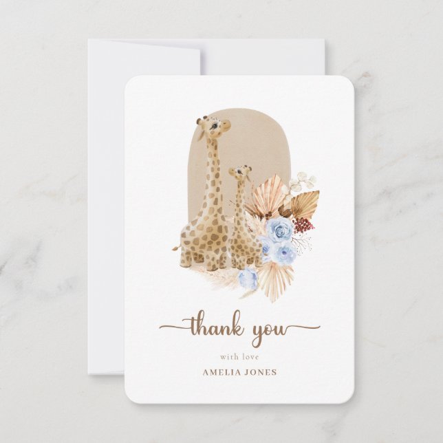 Baby Blue Pampas Grass Giraffe Baby Shower  Thank You Card (Front)
