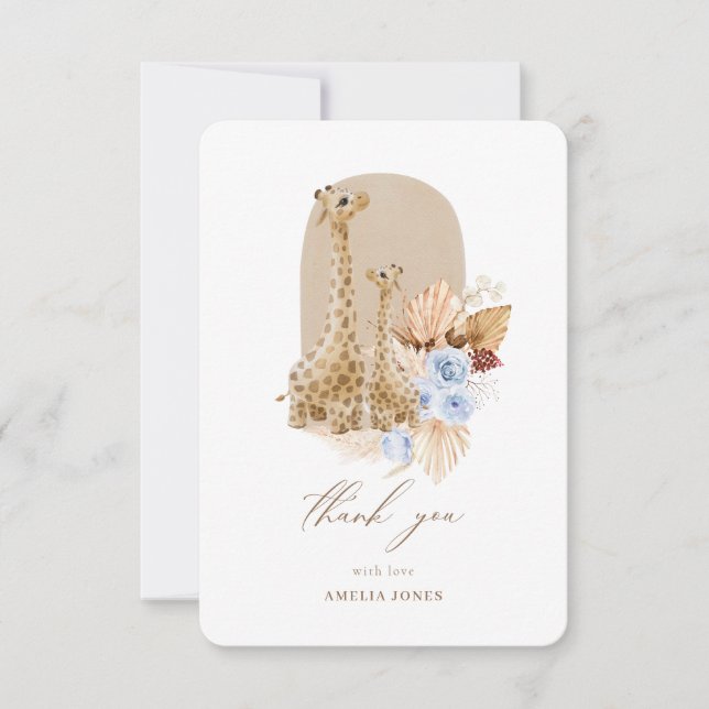 Baby Blue Pampas Grass Giraffe Baby Shower  Thank You Card (Front)