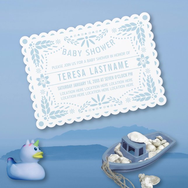 Baby blue papel picado white baby boy shower invitation (Creator Uploaded)