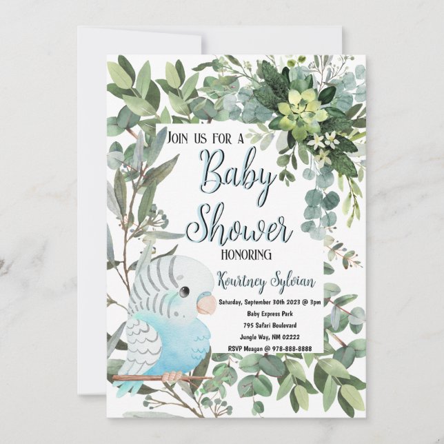 Baby Blue Parakeet Bird Watercolor Baby Shower Invitation (Front)