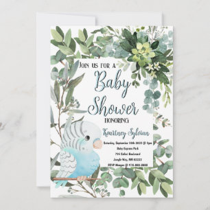 Baby Blue Parakeet Bird Watercolor Baby Shower Invitation
