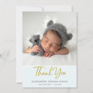 Baby blue pastel baby thank you card with photo