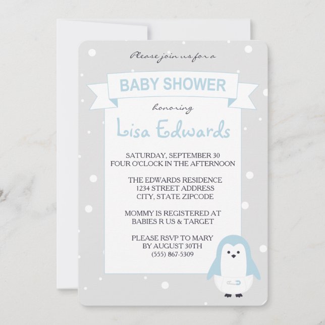 Baby Blue Penguin Baby Shower Invitation (Front)